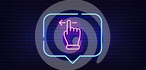 Touchscreen gesture line icon. Slide left arrow sign. Swipe action. Neon light speech bubble. Vector