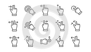 Touchscreen gesture line icons. Hand swipe, Slide gesture, Multitasking. Linear set. Vector