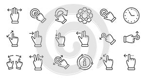 Touchscreen gesture line icons. Hand swipe, Slide gesture, Multitasking. Linear set. Vector