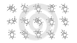 Touchscreen gesture line icons. Hand swipe, Slide gesture, Multitasking. Linear set. Vector