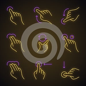 Touchscreen gestures neon light icons set