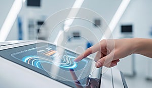 Touchscreen interface with futuristic data visualization.