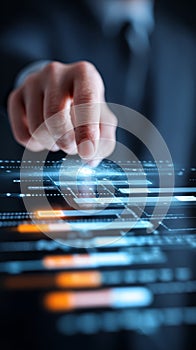 Touchscreen interface with futuristic digital data and hand interacting with technology in dark environment