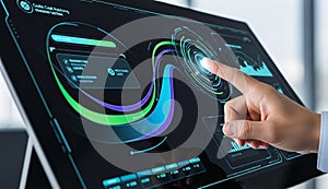 Touchscreen UI dashboard with analytics graphs.