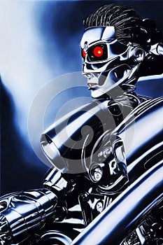 Tough steely android robot with angular features in high contrast light with harsh shadows stares sideways with red glowing eyes,