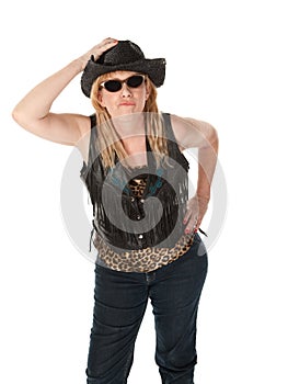 Tough woman with black cowboy hat