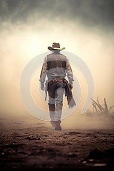 tough young western cowboy man walking in the dust rural landscape.