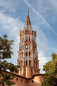 View of the bell tower of the Basilica Saint-Sernin in Toulouse, France