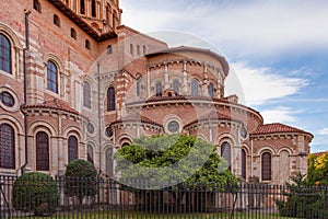 View of the back of the brick apse of Basilica Saint-Sernin in Toulouse, France