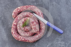 Toulouse sausage Raw `saucisse de toulouse` in ring french meat specialty from Toulouse on white