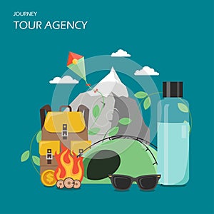 Tour agency poster banner, vector flat illustration