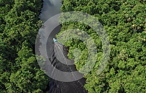 Tour boat on Rio Orinoco Delta, Venezuela lined by lush dense tropical rainforest, dark black waters aerial top down photo