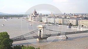 tour boat sailing under chain bridge in budapest