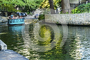 Tour Boat Sidewalks Tourists Reflection River Walk San Antonio Texas