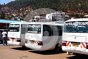 Tour buses in the Kigali, Rwanda bus station