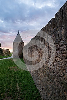Tour de la Peyre at sunset, a tower in the CitÃ© of Carcassonne, the fortified city of Carcassonne, Aude, Occitanie region, France