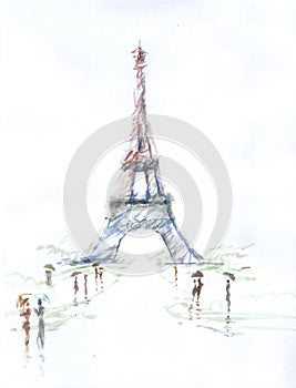 Tour Eiffel romantic illustration drawing water color paints and crayons, crayon, paint drops