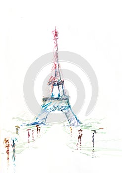 Tour Eiffel romantic illustration heart frame drawing water colo