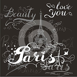 tour Eiffel romantic vector illustration heart frame drawing water color paints and crayons, crayon, paint drops background