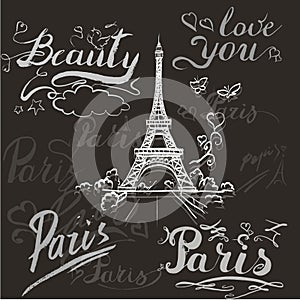 tour Eiffel romantic vector illustration heart frame drawing water color paints and crayons, crayon, paint drops background