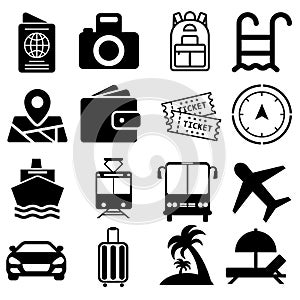 Tour vector icons set. travel illustration symbol collection. Contains such icon as ticket, transport, beach, compass, passport.