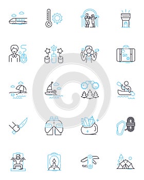 Tour weekend linear icons set. Explore, Adventure, Getaway, Excursion, Travel, Leisure, Experience line vector and