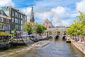 Tourboat on New Rhine canal, Leiden, Netherlands