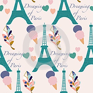 Toureiffel, ice creams and colorful leaves, pattern design