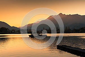 Touring Boat in Lake Kawaguchi at sunset, Japan