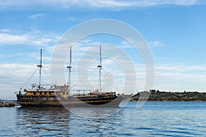 A touring boat for tourists in the harbor of Ormos Panagias, Sithonia, Greece