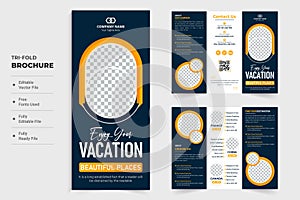 Touring group tri fold brochure vector with orange colors on a dark background. Tour planner agency poster design for marketing.
