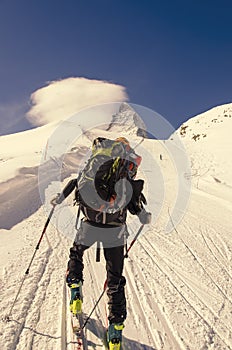Touring skier in Swiss Alps