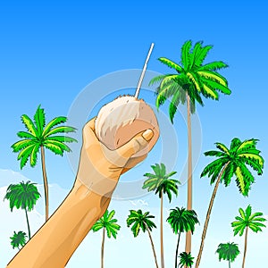 Touris hand hold coconut with straw over palm tree