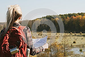 Tourism adventures lady map explore fall landscape