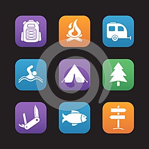 Tourism and camping flat design icons set