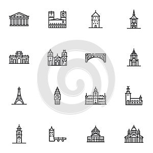 Tourism cities landmarks line icons set