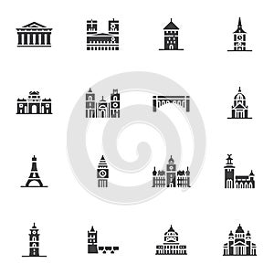 Tourism cities landmarks vector icons set