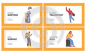 Tourism, Commuter Public Transport Landing Page Template. People Waiting Train on Railway Station Vector Illustration