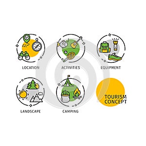 Tourism Concept Thin Line Icons Labels Set. Vector