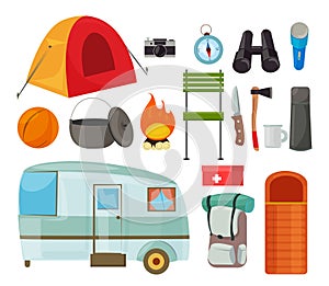 Tourism equipment flat vector illustrations set. Camping items color drawing. Tourist tent, backpack isolated cliparts