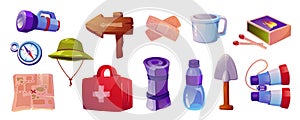 Tourism equipment mega set in cartoon graphic design. Bundle elements of flashlight, compass, hat, hiking map, first aid kit,