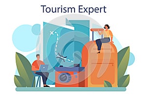 Tourism expert concept. Travel agent selling tour, cruise, airway or railway