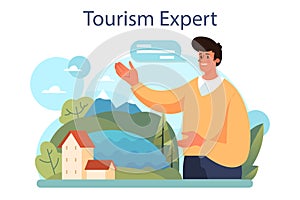 Tourism expert concept. Travel agent selling tour, cruise, airway or railway