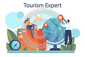 Tourism expert concept. Travel agent selling tour, cruise, airway or railway