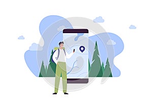 Tourism and hike adventure concept. Vector flat people illustration. Man tourist hold smartphone in hand. Map with direction on