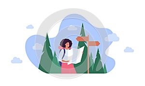 Tourism and hike adventure concept. Vector flat people illustration. Woman tourist with map in hands. Road sign and forest on