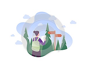 Tourism and hike adventure concept. Vector flat people illustration. Woman tourist with map in hands. Road sign, forest and sky on