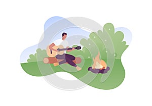 Tourism, hikking and camping concept. Vector flat people illustration. Man tourist playing guitar and sitting near bonfire. Forest