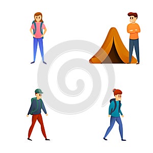 Tourism icons set cartoon vector. Group of tourist with backpack and tent