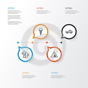 Tourism Icons Set. Collection Of Camping House, Vehicle Car, Cacti And Other Elements.